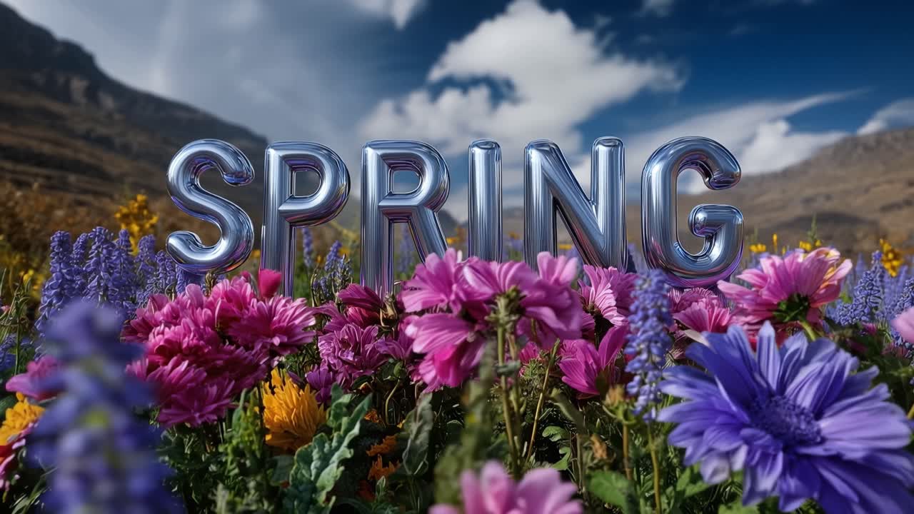 Vibrant blooms burst under a bright, clear sky. Bold "SPRING" letters glow above the colorful flowers. Majestic mountains frame the scene in soft focus. Bright clouds drift behind a vivid blue expanse