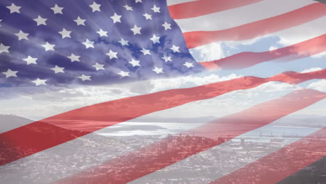animatie van de amerikaanse vlag met de stad achter
