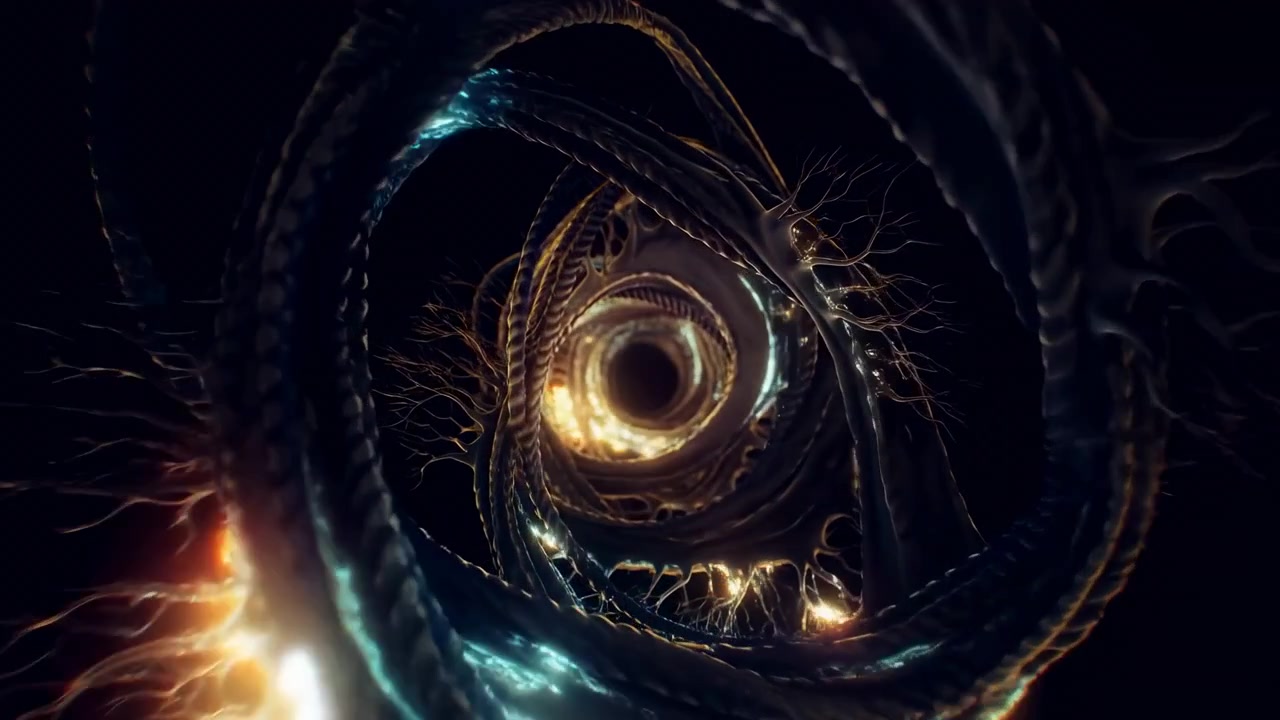 A dramatic close view of a twisting organic tunnel fills the frame with luminous blue and amber highlights, dark textured layers, and a deep central opening