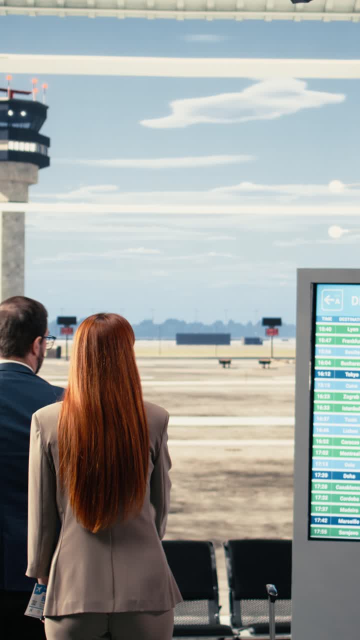 Video vertical: Gerente y asistente revisando documentos en la sala de espera de la terminal del aeropuerto