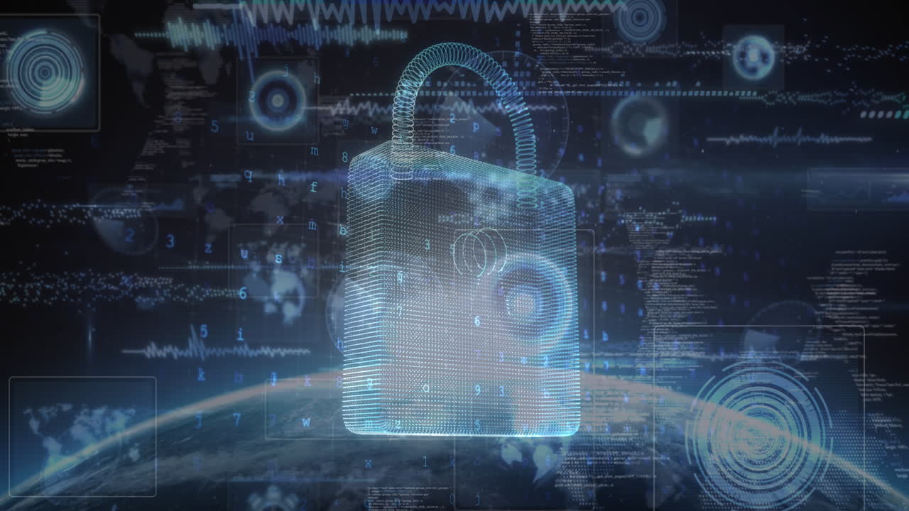 animación del candado de seguridad en línea sobre escaneos de alcance y procesamiento de datos