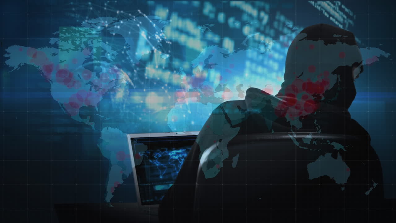 animación del procesamiento de datos sobre un hacker con una computadora portátil