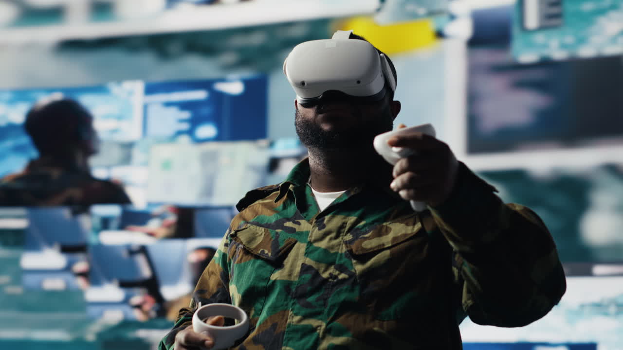 Military personnel uses VR glasses for intelligence from satellite imagery