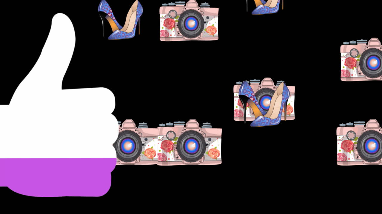 검은 바탕에 스레토와 카메라 아이콘 위에 엄지손가락을 올리는 애니메이션