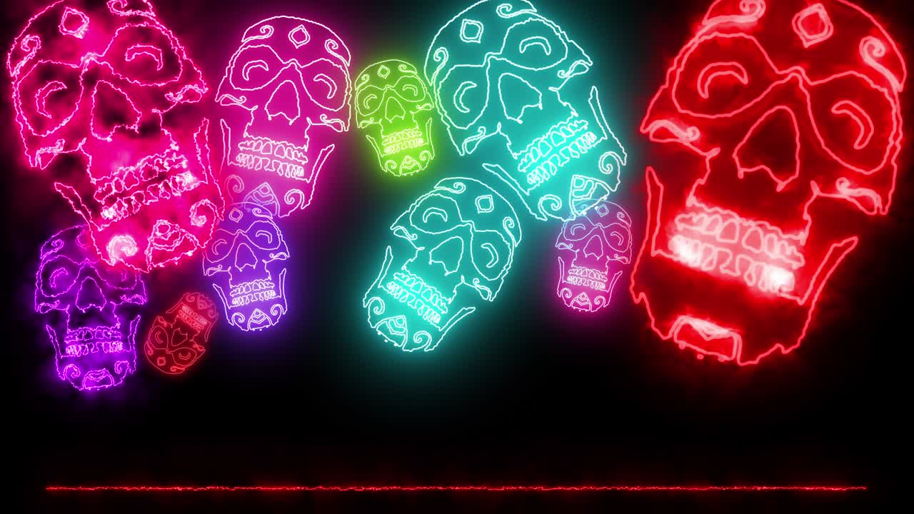 las calaveras de neón de colores parpadean sobre un fondo negro