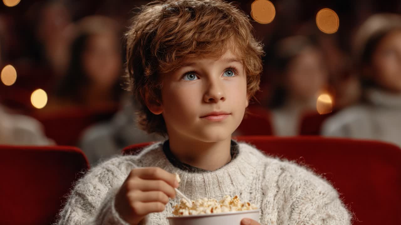 A Young Boy Enjoying a Movie Experience in a Cozy Sweater While Holding a Bowl of Popcorn Surrounded by Ambience and Warm Lights in a Theater Setting