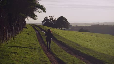 Chica-Caminando-Por-Una-Carretera-Típica-De-La-Campiña-Inglesa-En-Otoño