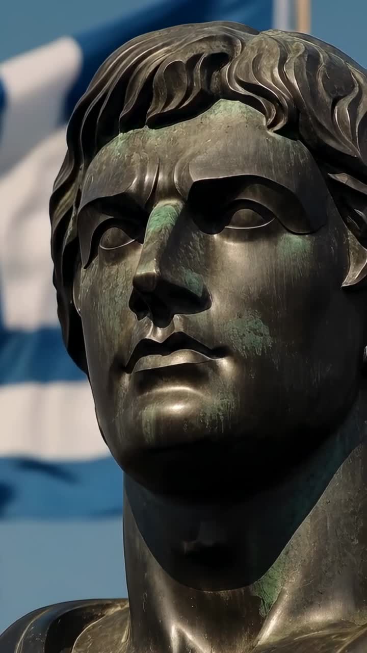 Video verticale: camera in movimento che rivela un busto in bronzo che mostra la patina sulla piazza, bandiera bianca e blu che sventola