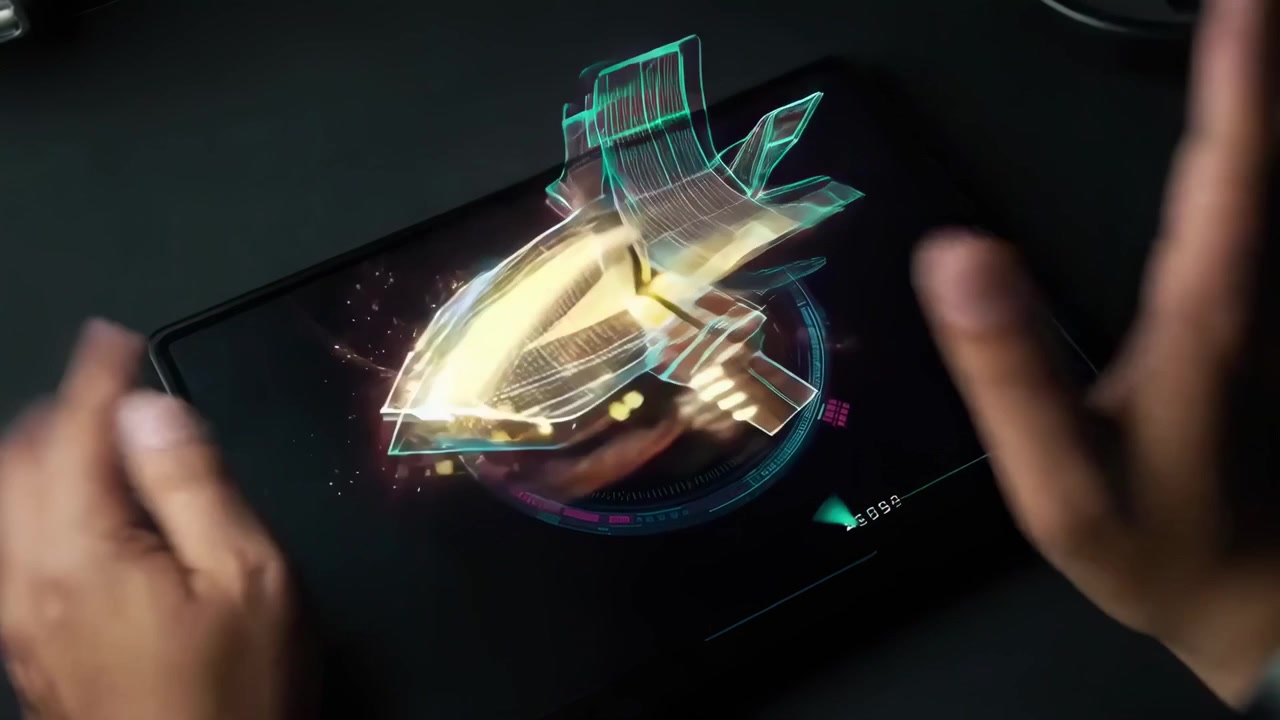 Person Interacting with Futuristic Holographic Spaceship Interface on Tablet