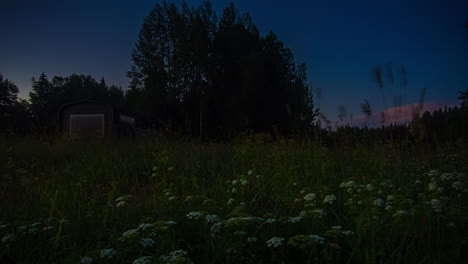 Cabaña-De-Primavera-De-Día-Y-Noche-Con-Flores-Que-Florecen-En-Lapso-De-Tiempo-De-Primavera