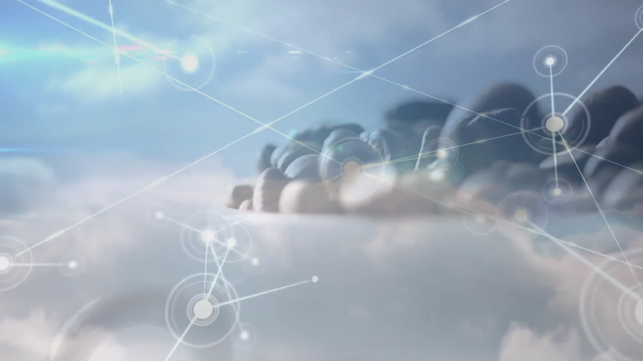 Visualizing glowing network nodes flowing through misty clouds, with luminous lines in 3D render