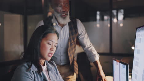 office, overtime and woman with manager