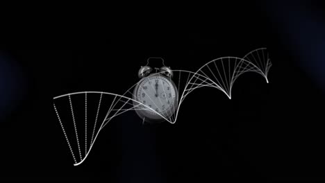 animation of clock moving over dna strand on black background