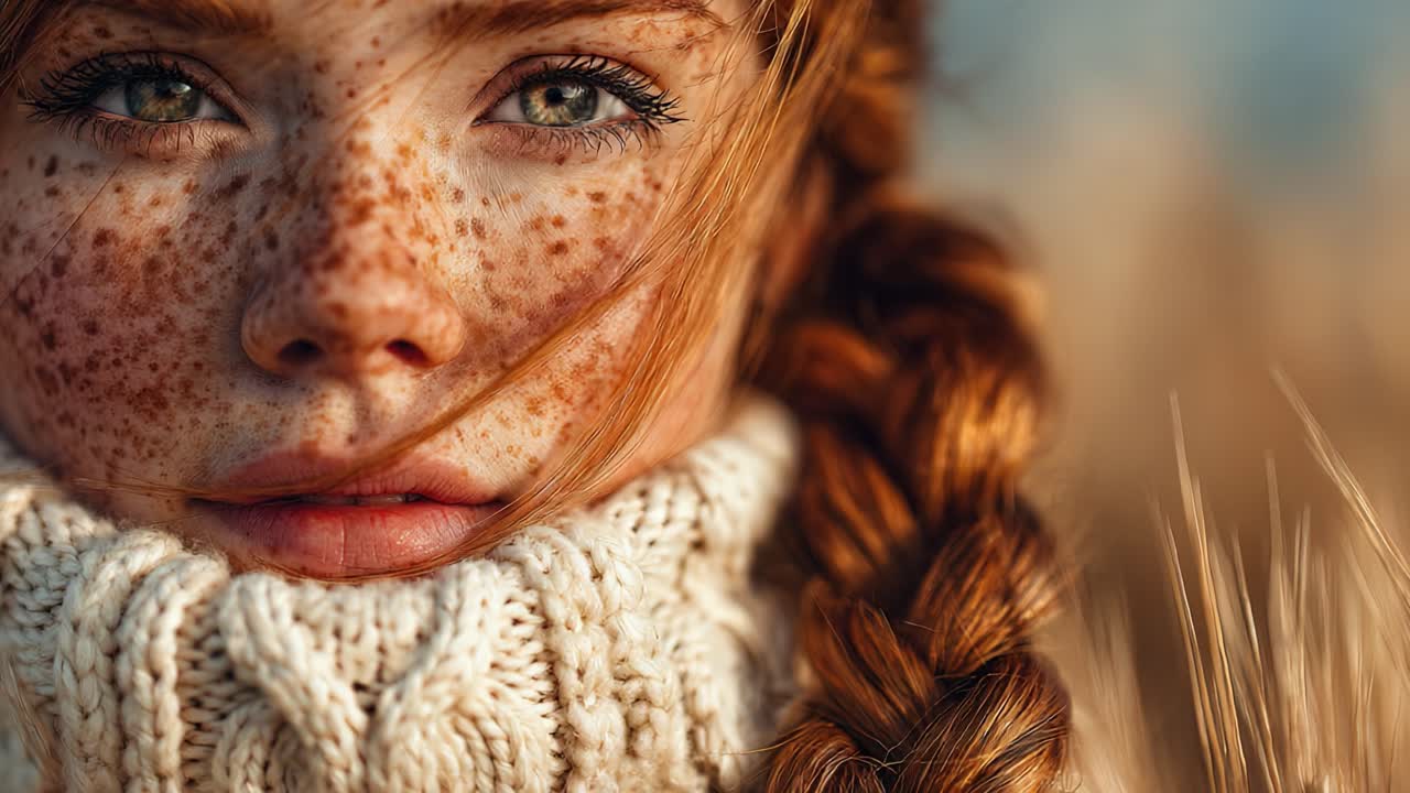 A Close-Up Portrait of a Youthful Girl with Freckles and a Warm Knit Scarf, Captured in a Sunlit Field, Conveying a Sense of Serenity and Natural Beauty