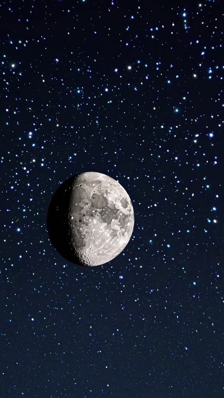 Um conceito de vídeo hipnotizante de uma lua minguante cercada por um céu estrelado