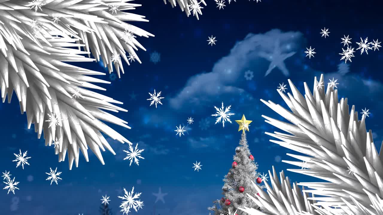 ramas blancas del árbol de navidad y copos de nieve cayendo sobre el árbol de navidad en el paisaje de invierno