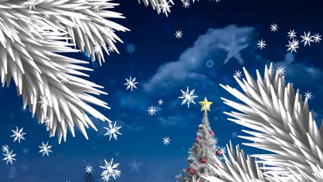 Weiße-Weihnachtsbaumzweige-Und-Schneeflocken,-Die-über-Den-Weihnachtsbaum-In-Der-Winterlandschaft-Fallen