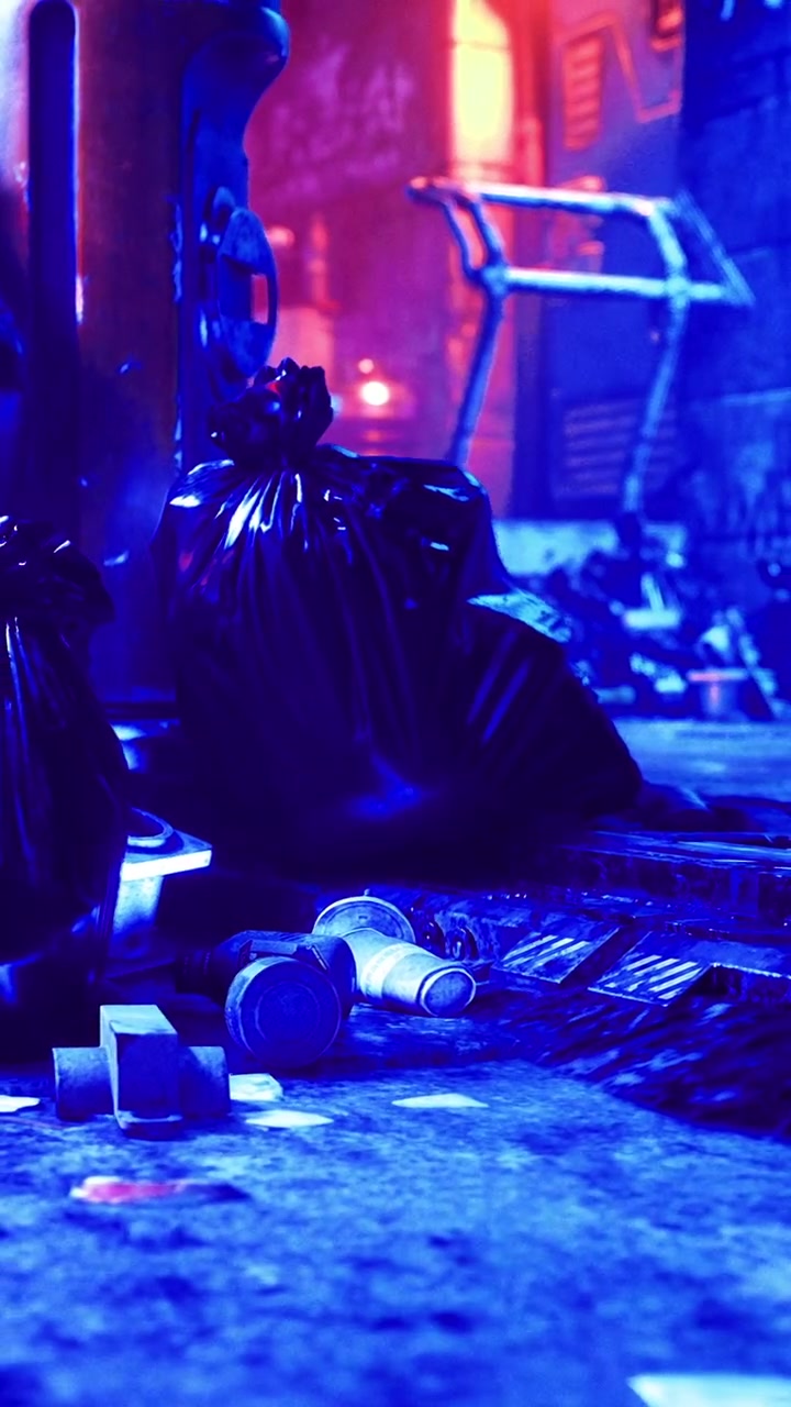 Gece, neon bir ortamda çöp torbaları ve çöplerle dolu sokak sahnesi