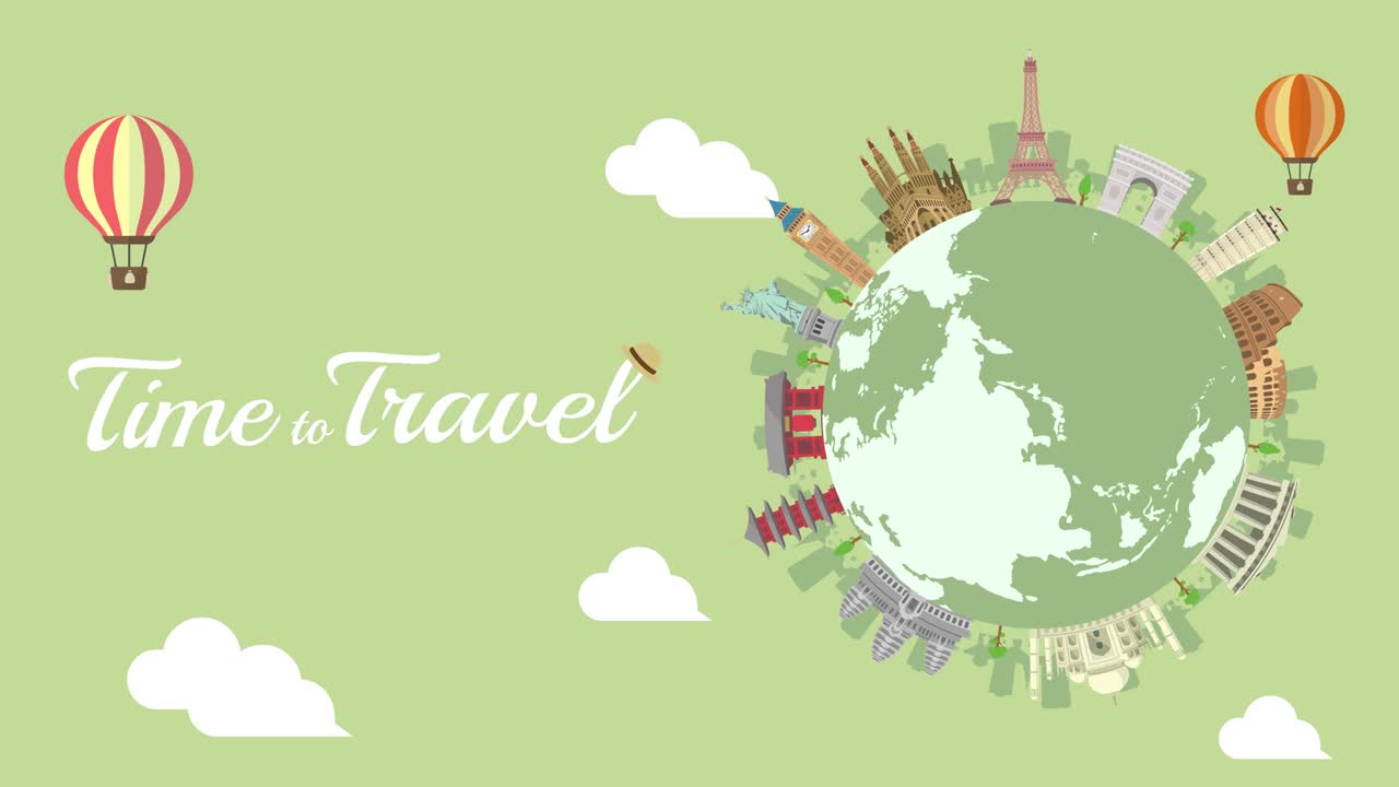 viajes, vacaciones, visitas turísticas animado estandarte (4k). patrimonio mundial y edificios famosos en el mundo.