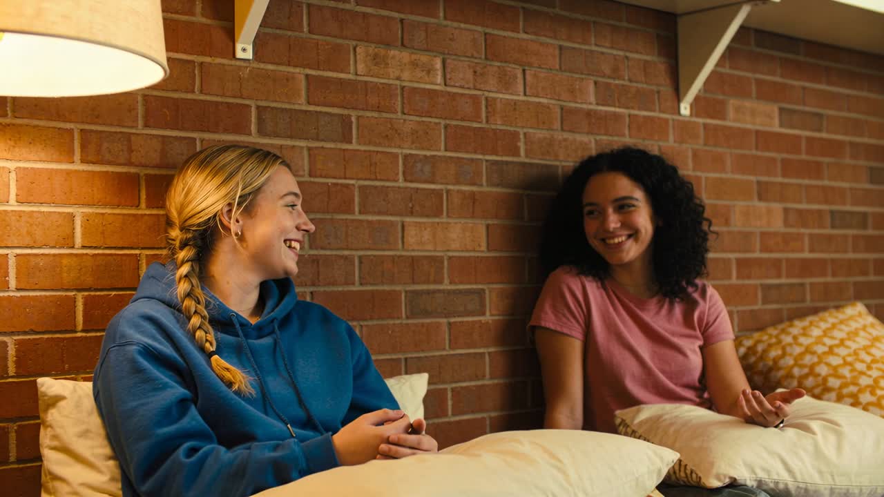 Two teenage females sitting bench, pillows, lamp glowing, blonde initiating study chat by gesturing