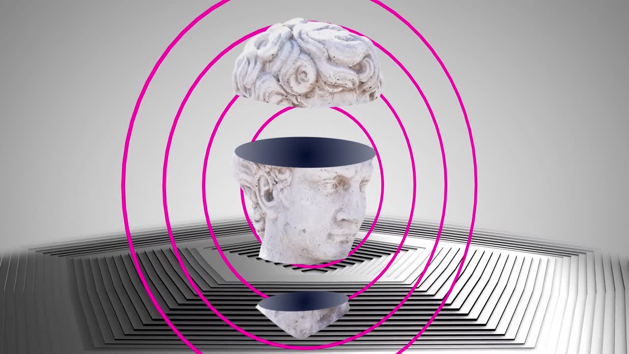 핑크색 반지와 색과 회색 육각형 위에 인 남성 고전 조각의 부스트 애니메이션