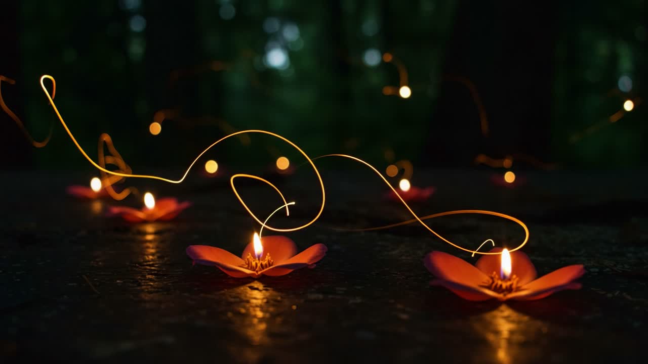 An Enchanting Scene of Glowing Lotus Flowers Illuminated by Delicate Flames, Surrounded by Twinkling Light Trails in a Serene Forest Setting