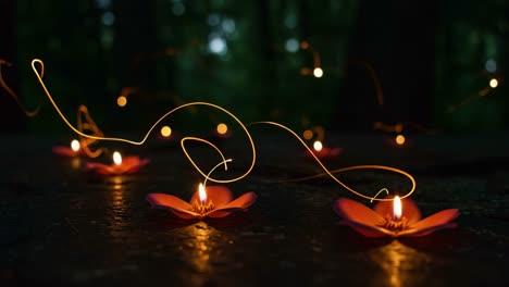 an enchanting scene of glowing lotus flowers illuminated by delicate flames, surrounded by twinkling light trails in a serene forest setting