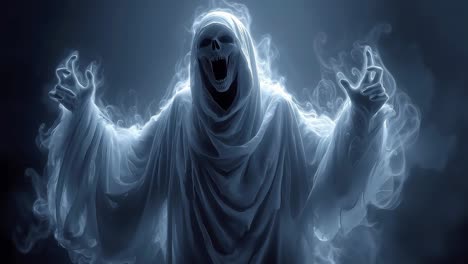 a ghost in a white robe with his arms outstretched in the air