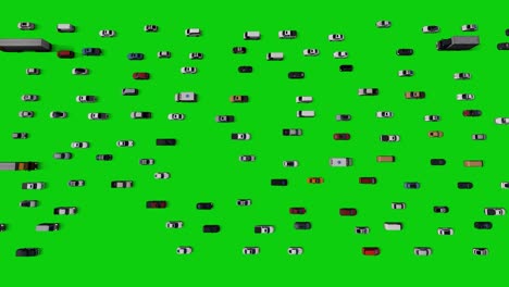 heavy traffic of 3d cars, upper view 4k, green screen chromakey