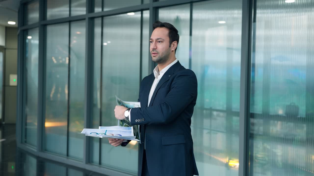 Dirigente uomo sopraffatto in abito blu cerca di gestire una pila disordinata di documenti cartacei e planimetrie architettoniche mentre si trova nel corridoio di un ufficio aziendale