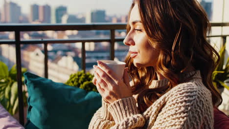 woman enjoying coffee on a city balcony