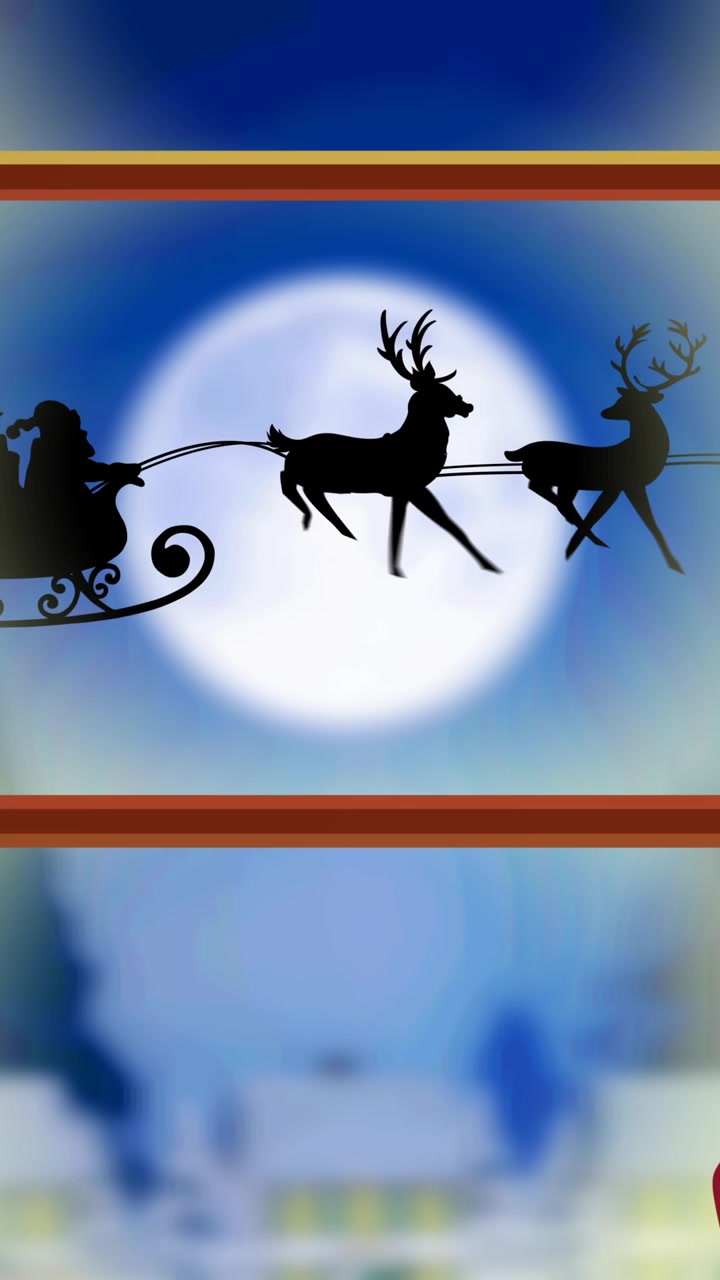 Animation of santa claus in sleigh with reindeer seen through window and christmas decorations
