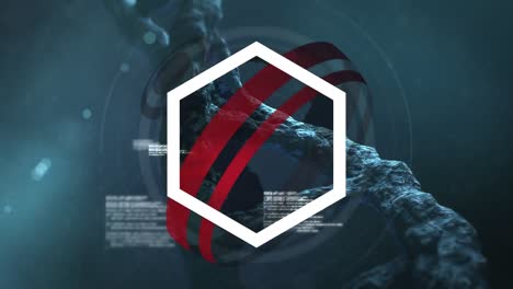 animación de adn, hexágonos y procesamiento de datos sobre un fondo verde oscuro