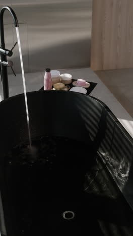 modern black bathtub filling with water