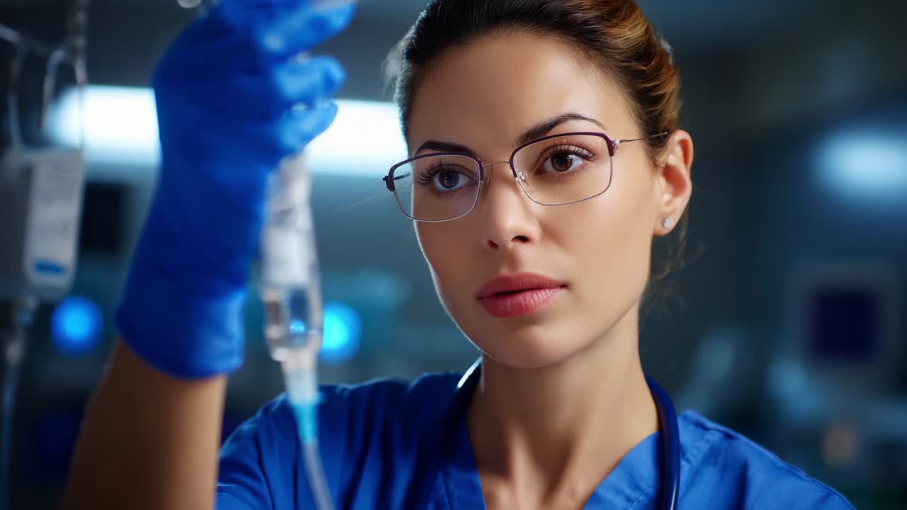 Un professionista sanitario esamina attentamente una flebo, dimostrando dedizione e attenzione in un ambiente clinico, sottolineando l'importanza della cura del paziente nella medicina moderna e il ruolo del personale medico