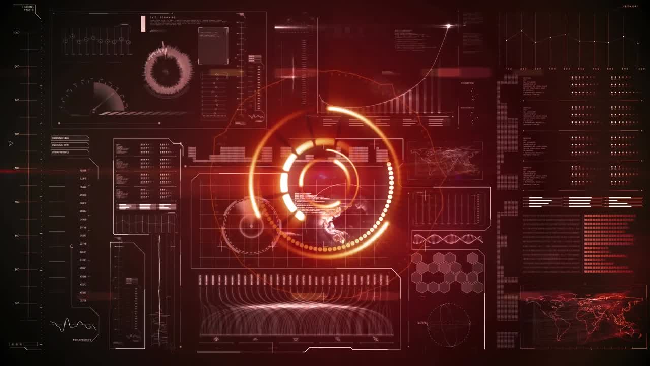 animación de estadísticas y procesamiento de datos sobre círculos brillantes y naranjas que giran