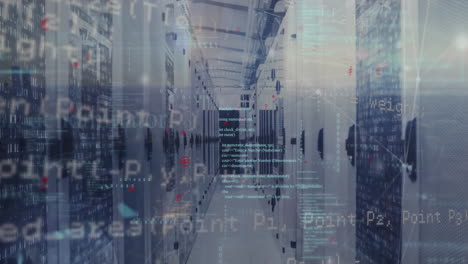 animation of data processing and network of connections against computer server room