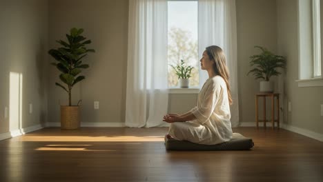 a peaceful moment of meditation: a woman sitting in a sunlit room, engaged in mindfulness practice surrounded by natural elements and calm ambiance
