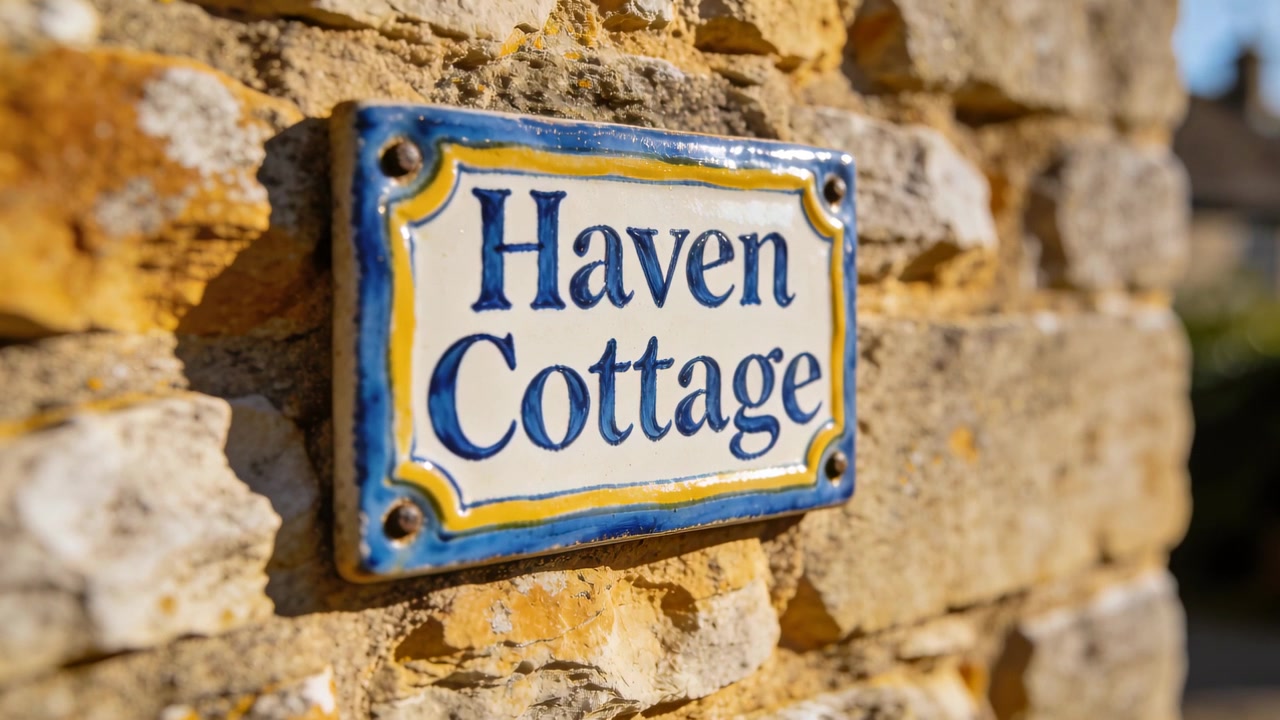 La telecamera si sposta rivelando una targa in ceramica su una parete color miele, che mostra un bordo blu-giallo e la scritta "Haven Cottage".