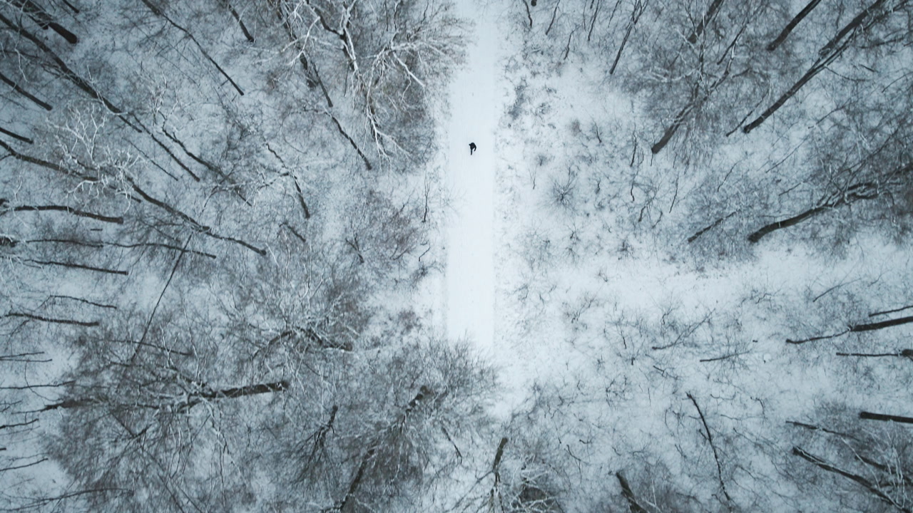 Backward drone flight over snowy Elchingen hillside, showcasing residential homes, evergreen trees, snow-covered slope, distant valley under overcast winter sky.