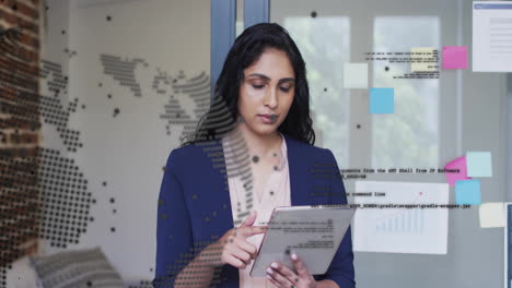 animación del procesamiento de datos financieros sobre una mujer de negocios biracial que usa una tableta en la oficina