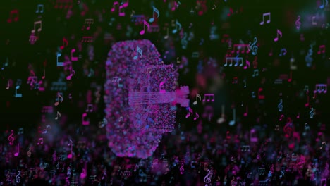 the hologram from particles of a rotating guitar. 3d animation of musical instrument  with colorful notes, clefs and other musical staff symbols seamless loop