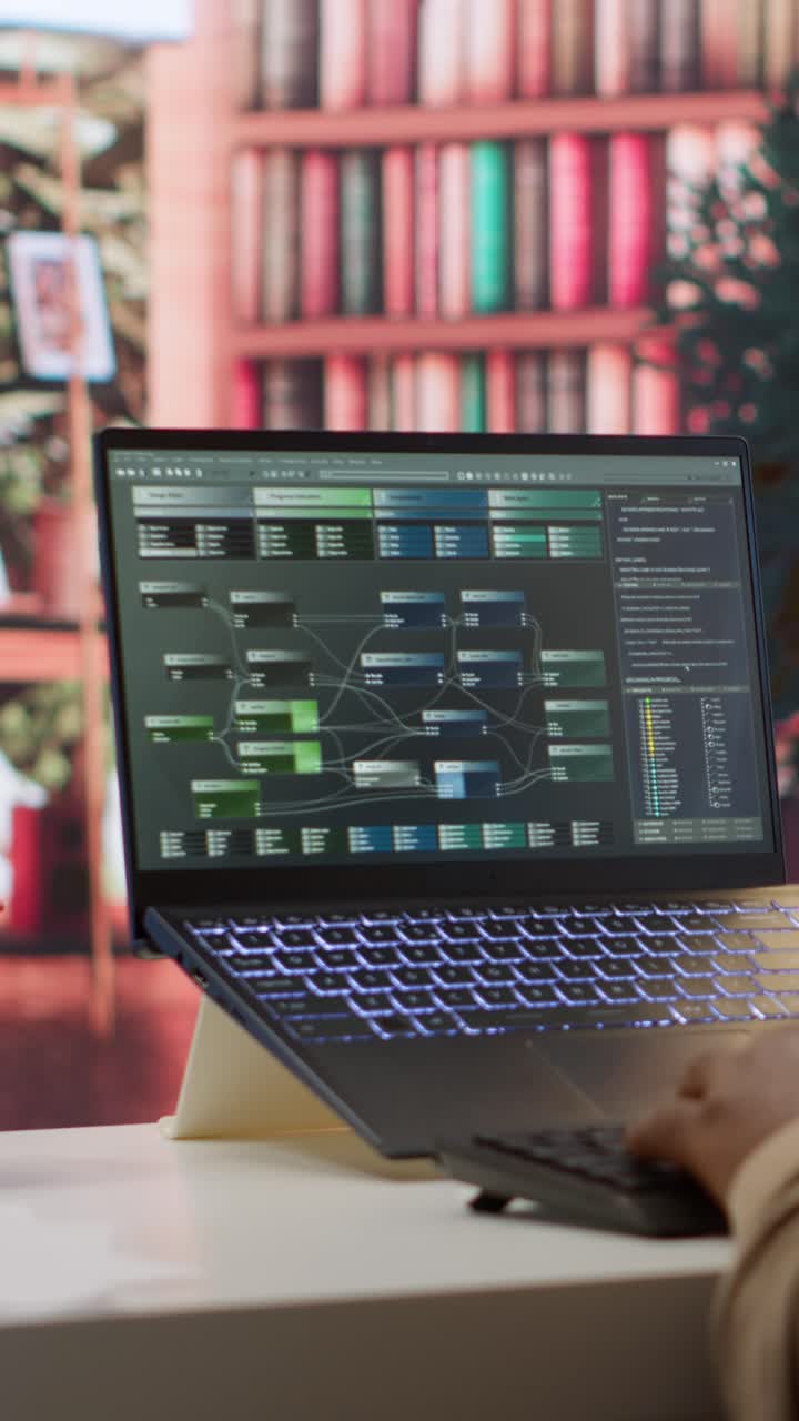 Person Working on Laptop with Node-Based Programming Interface