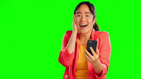 Phone,-wow-and-surprise-of-woman-with-green-screen