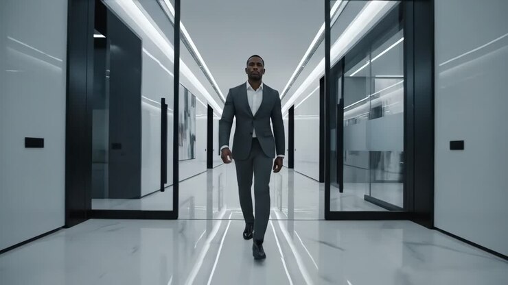 A businessman walking through a modern office hallway