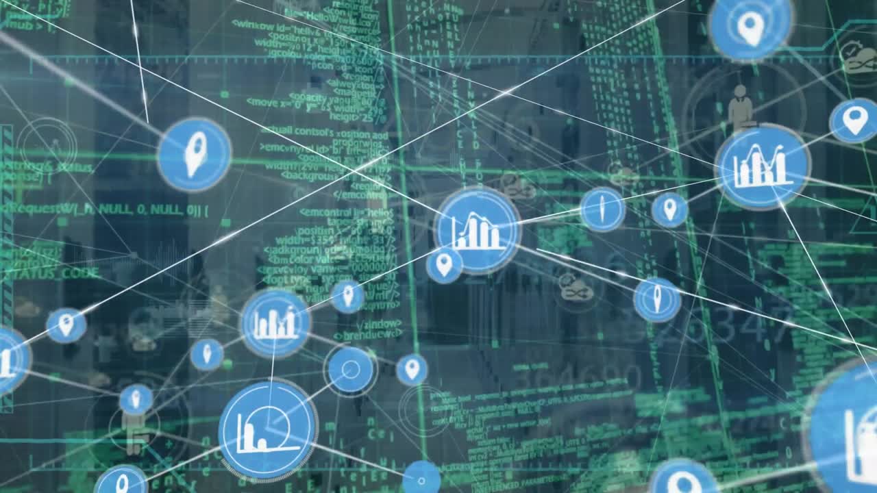animación de la red de conexiones con iconos sobre la sala de servidores y el procesamiento de datos