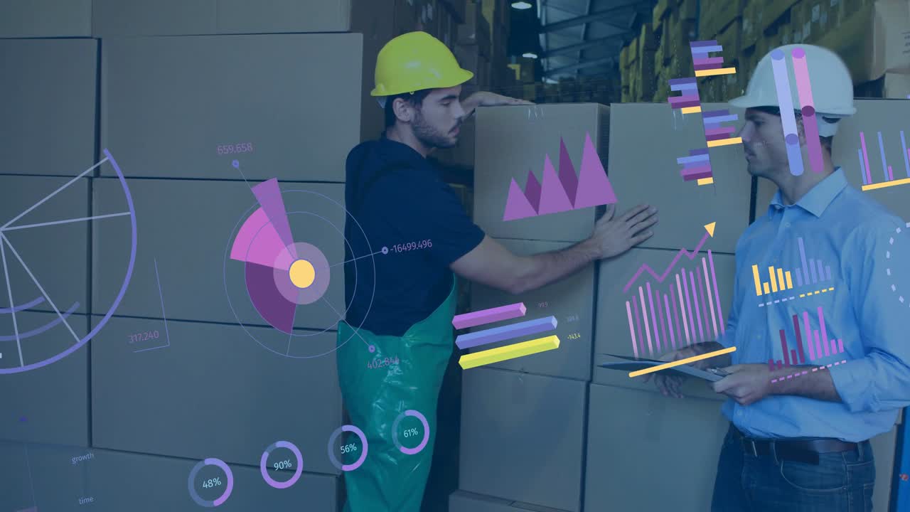 Worker lifting box and initiating stock check, manager checking docs, animated charts overlaying
