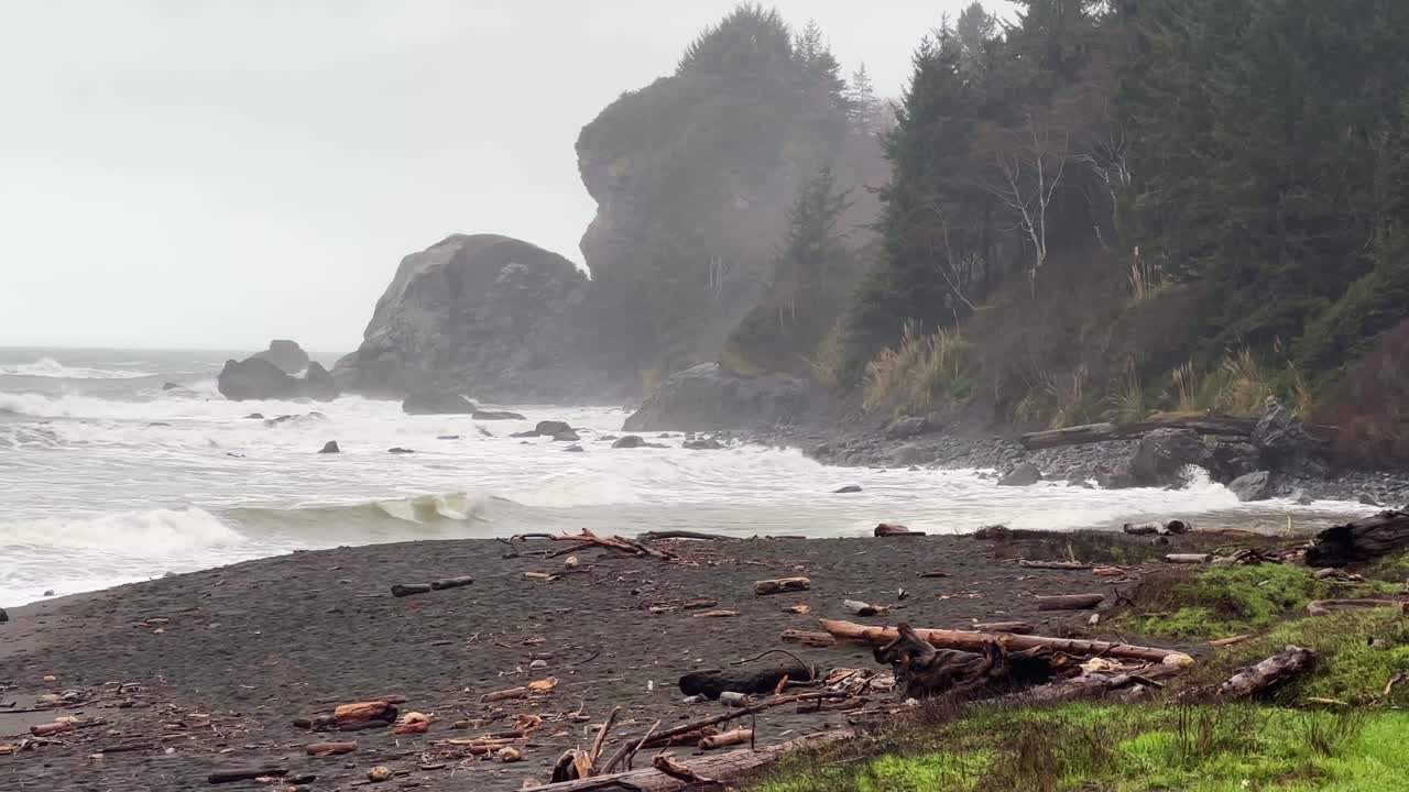 Handheld wide panning shot of a rugged beach in Northern California. 4K