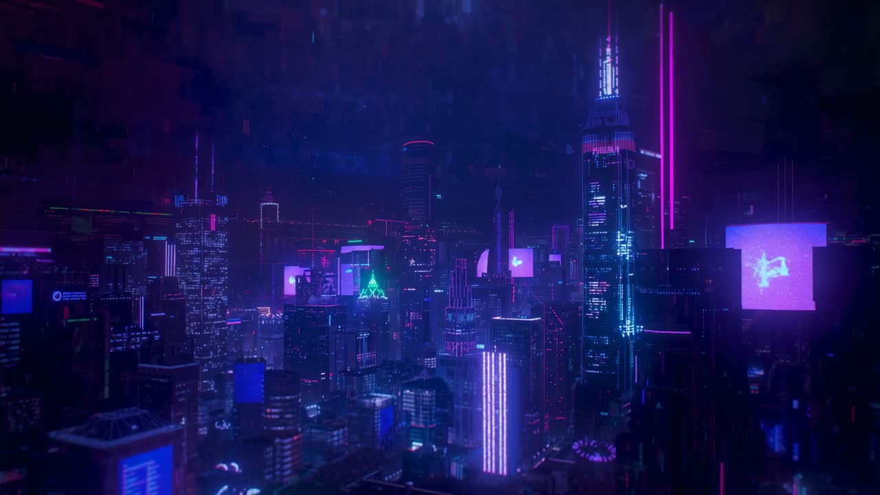 Pioggia che cade, strisce LED pulsanti e cartelloni pubblicitari olografici che scorrono su uno skyline notturno al neon
