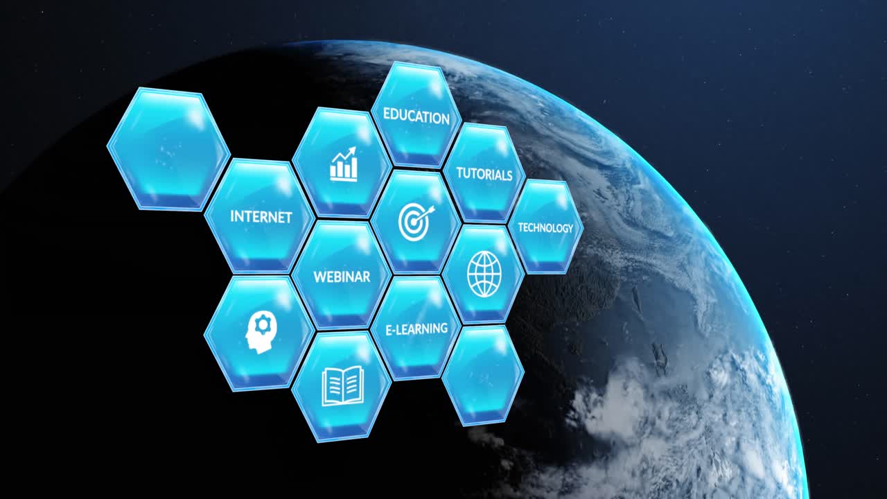 교육 및 학습 텍스트와 아이콘의 애니메이션은 파란색 바탕에 지구상의 파란색 육각형에 있습니다.
